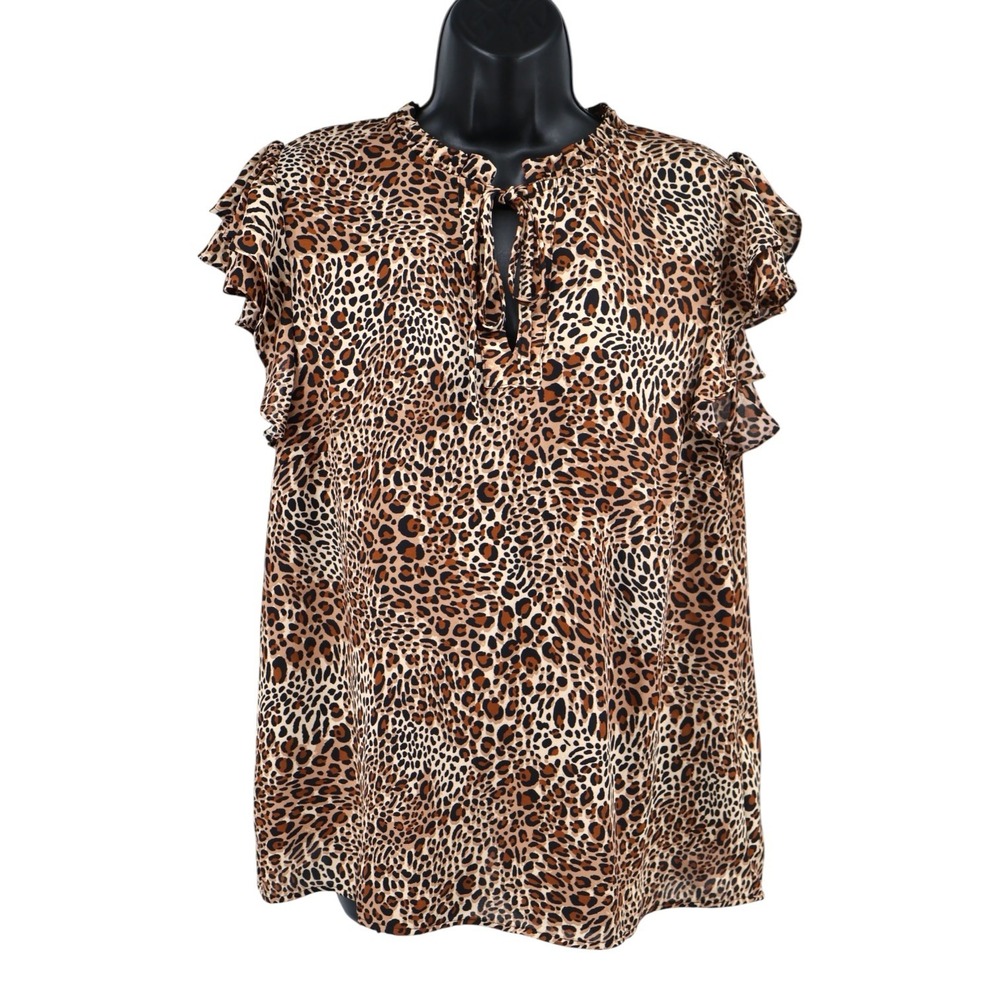 1.STATE Leopard Print Flutter Sleeve Keyhole Tie Neck Top Nordstrom L EUC